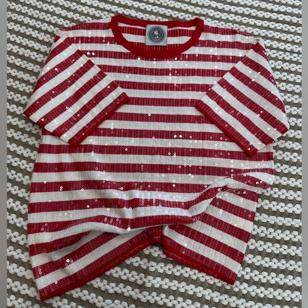Happy sheep sequin red and white‎ stripe t shirt. Never worn.
